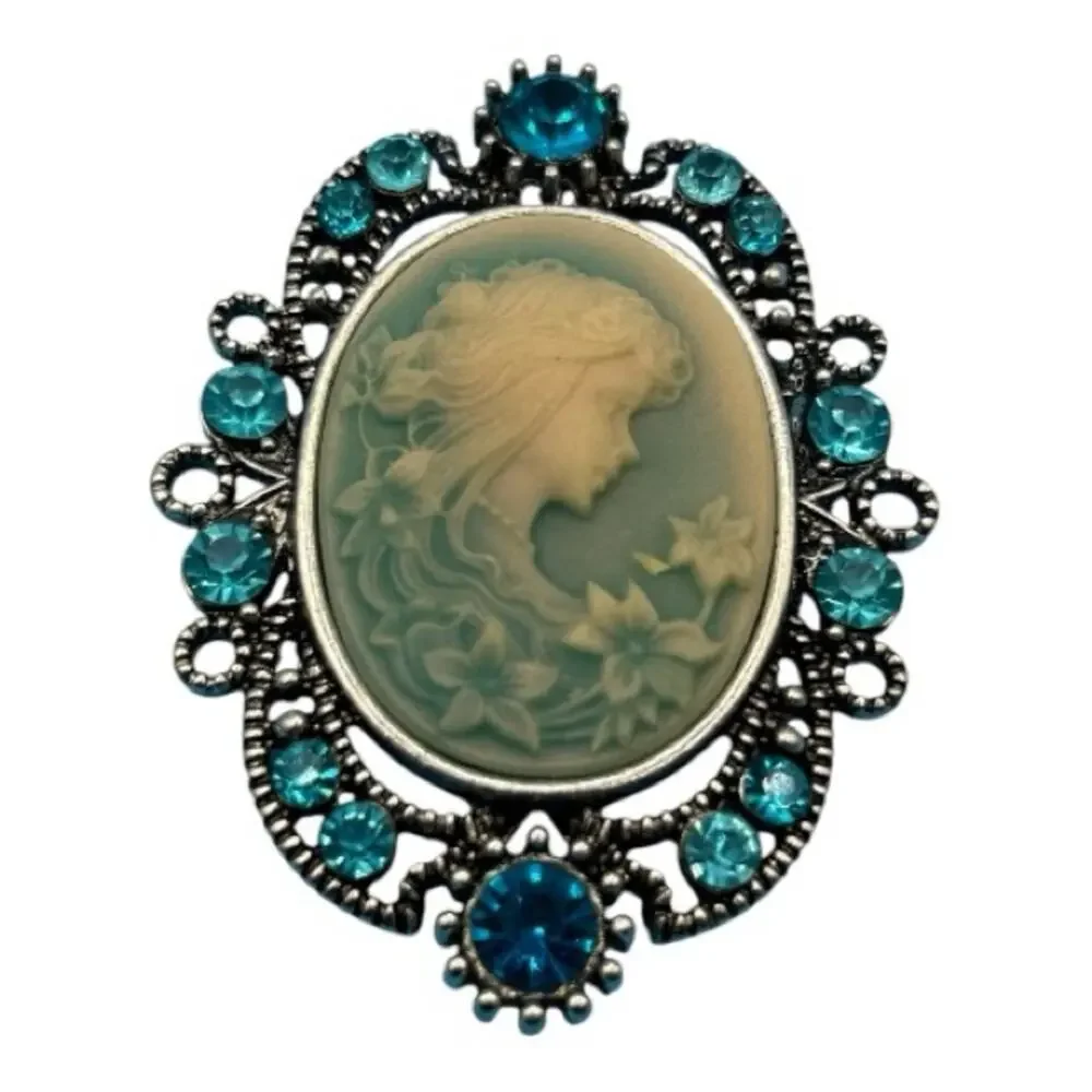 Elegant Blue Cameo with‎ Silver Tone Filigree and Blue Rhinestones Brooch